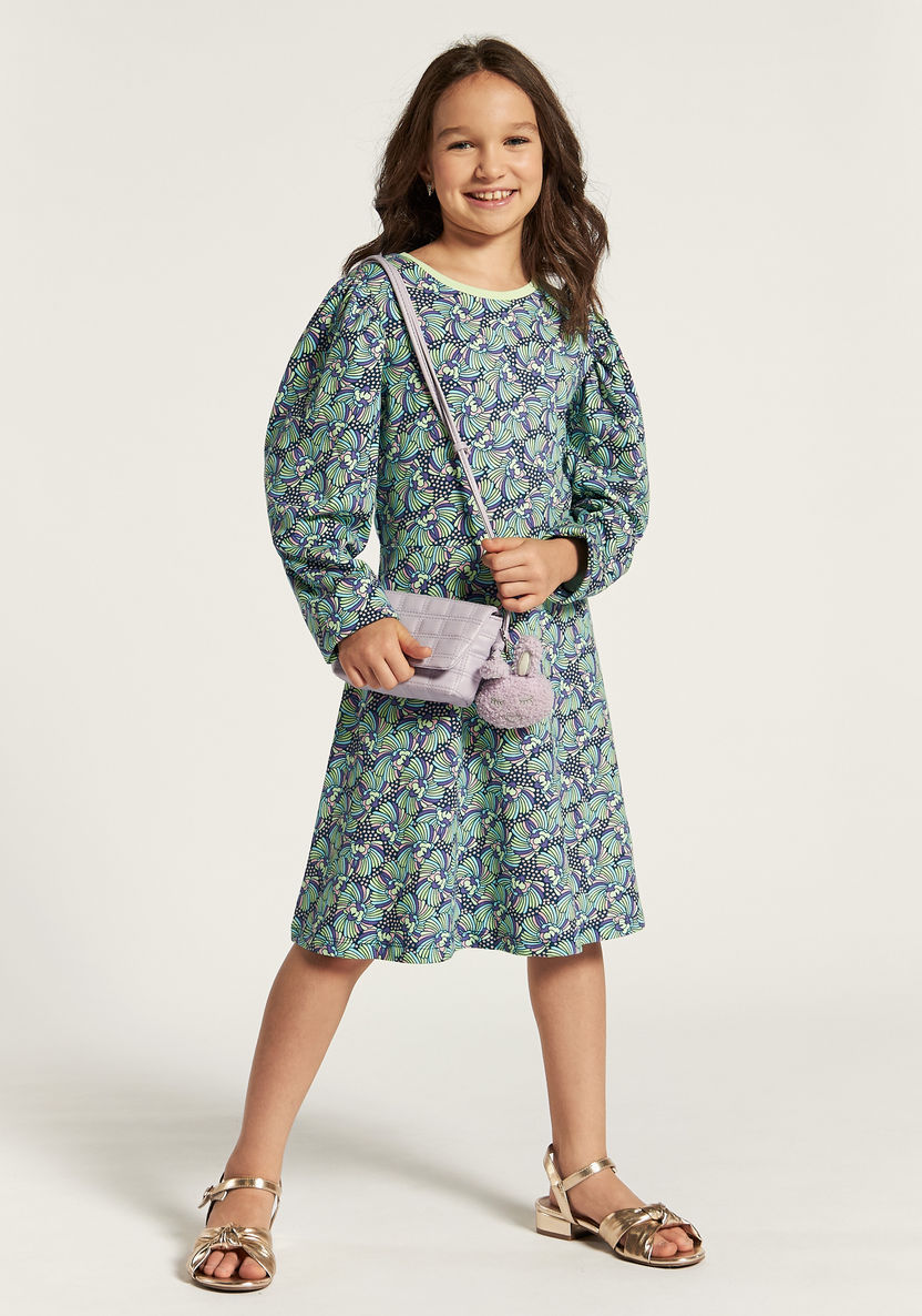 Juniors All Over Print Dress with Round Neck and Long Sleeves-Dresses, Gowns & Frocks-image-0