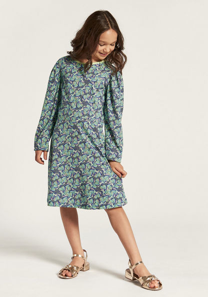 Juniors All Over Print Dress with Round Neck and Long Sleeves-Dresses%2C Gowns and Frocks-image-1