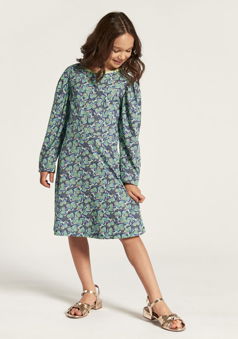 Juniors All Over Print Dress with Round Neck and Long Sleeves-Dresses, Gowns & Frocks-image-1