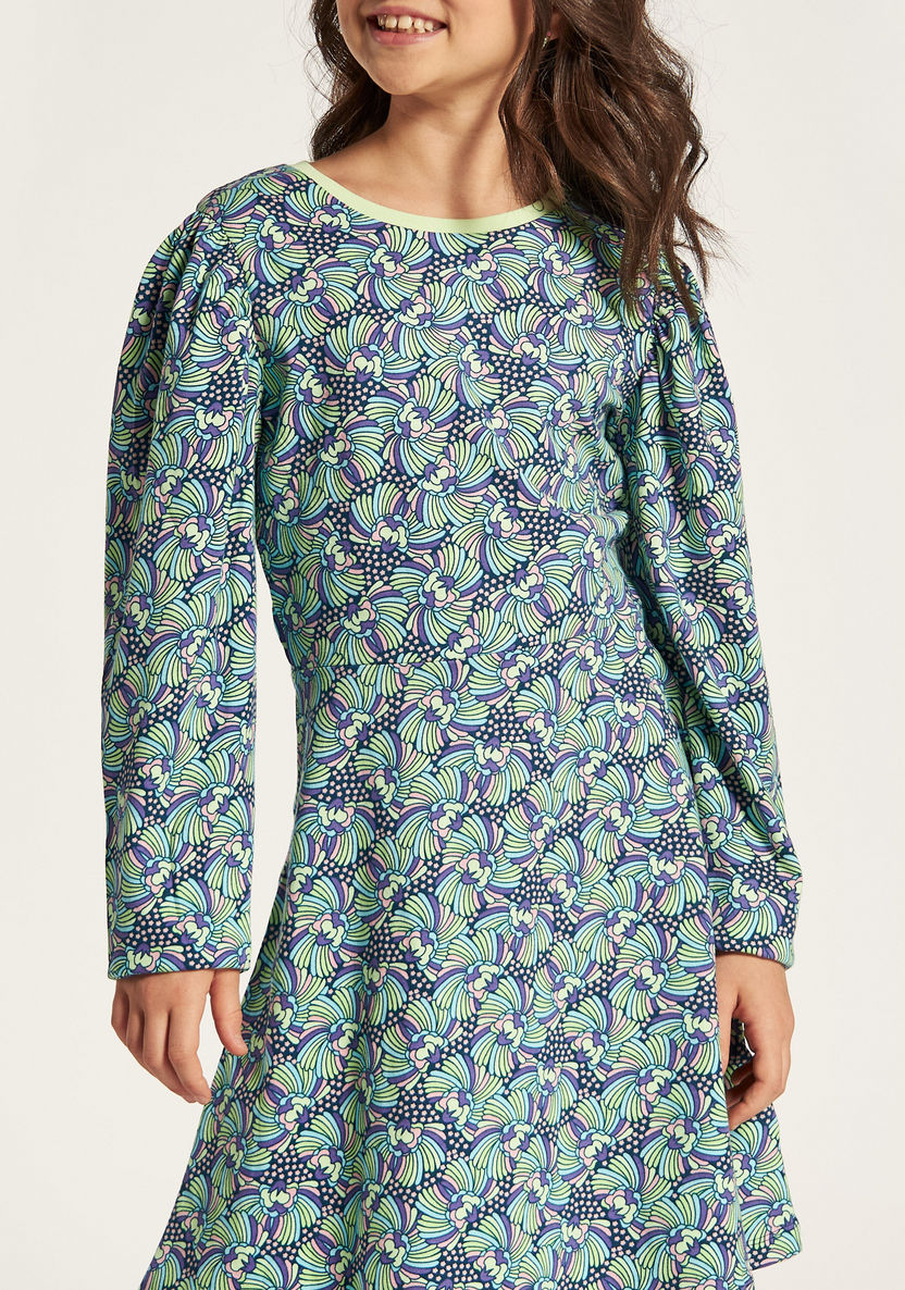 Juniors All Over Print Dress with Round Neck and Long Sleeves-Dresses, Gowns & Frocks-image-2