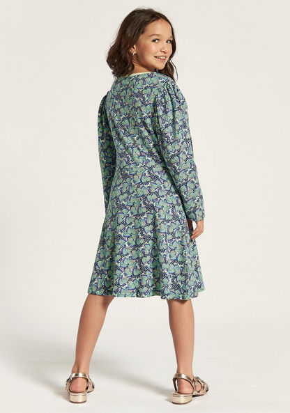 Juniors All Over Print Dress with Round Neck and Long Sleeves-Dresses%2C Gowns and Frocks-image-3