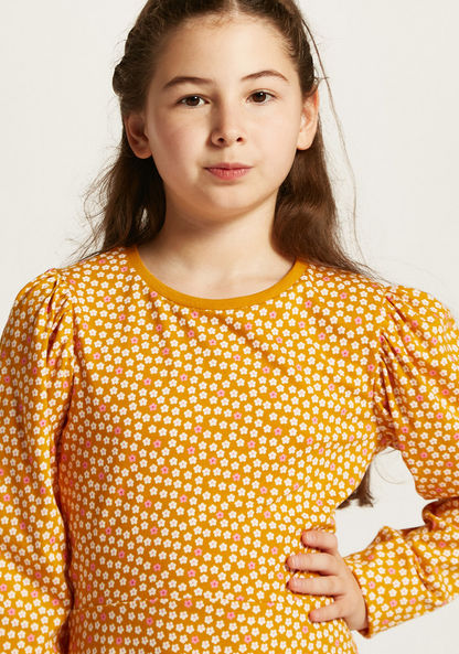 Juniors Floral Print Dress with Round Neck and Long Sleeves