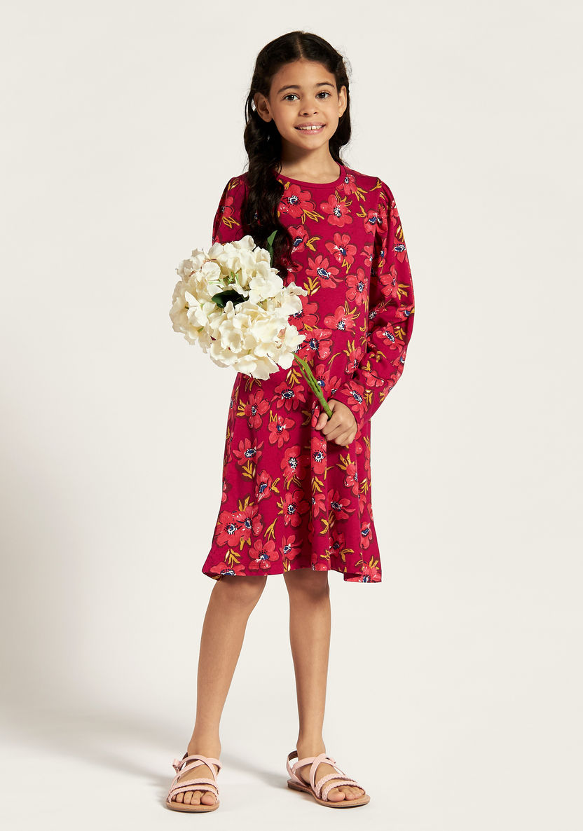 Juniors Floral Print Dress with Round Neck and Long Sleeves-Dresses, Gowns & Frocks-image-0