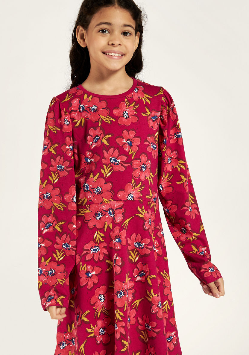 Juniors Floral Print Dress with Round Neck and Long Sleeves-Dresses, Gowns & Frocks-image-2