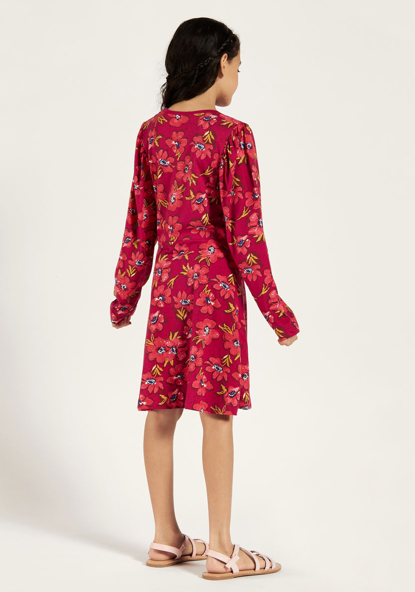 Juniors Floral Print Dress with Round Neck and Long Sleeves-Dresses, Gowns & Frocks-image-3