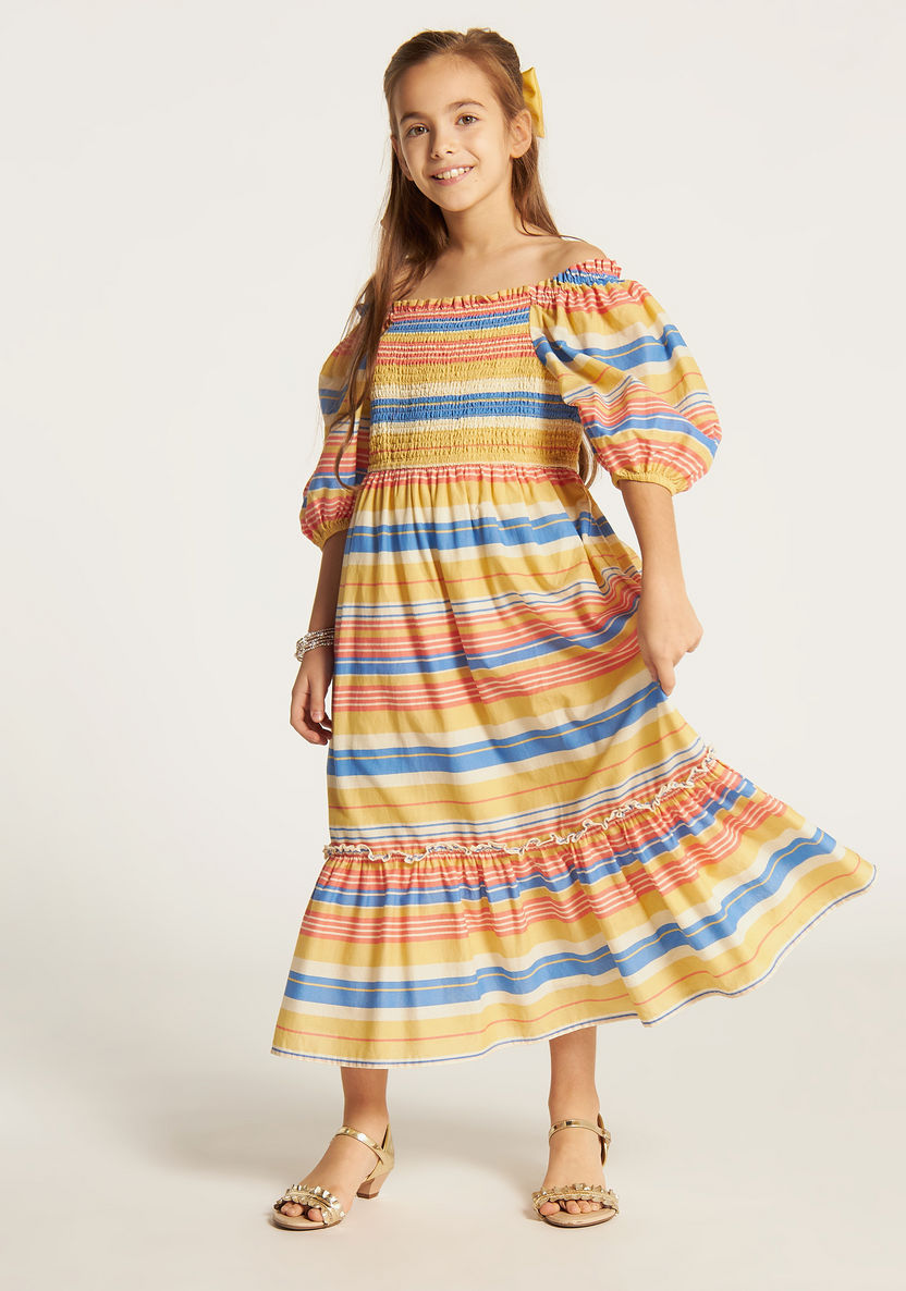 Juniors Striped Off-Shoulder Tiered Dress with Short Sleeves-Dresses%2C Gowns and Frocks-image-0