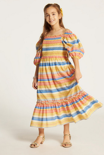 Juniors Striped Off-Shoulder Tiered Dress with Short Sleeves