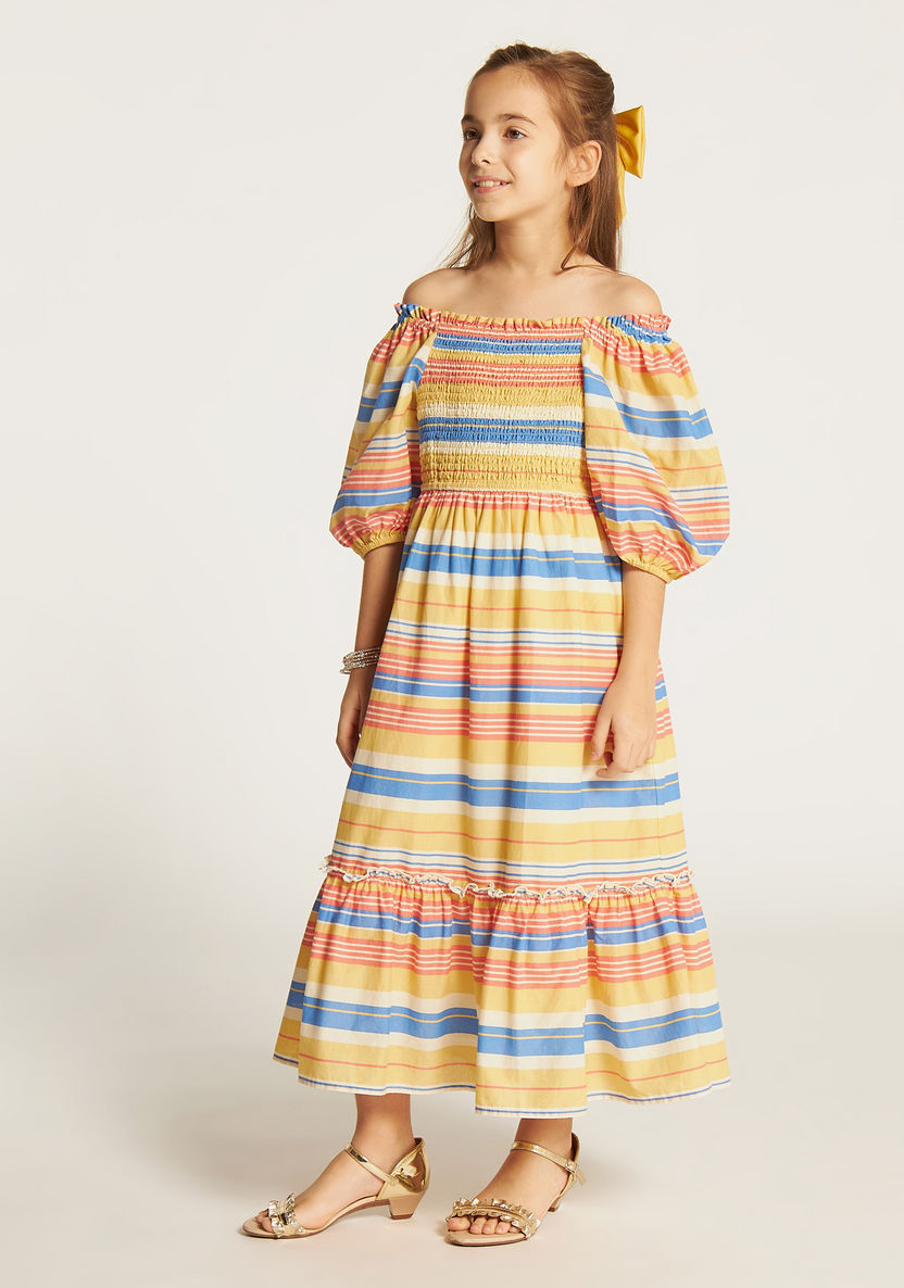 Juniors Striped Off-Shoulder Tiered Dress with Short Sleeves-Dresses%2C Gowns and Frocks-image-1