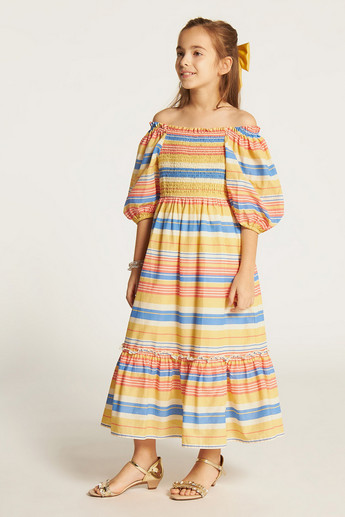 Juniors Striped Off-Shoulder Tiered Dress with Short Sleeves