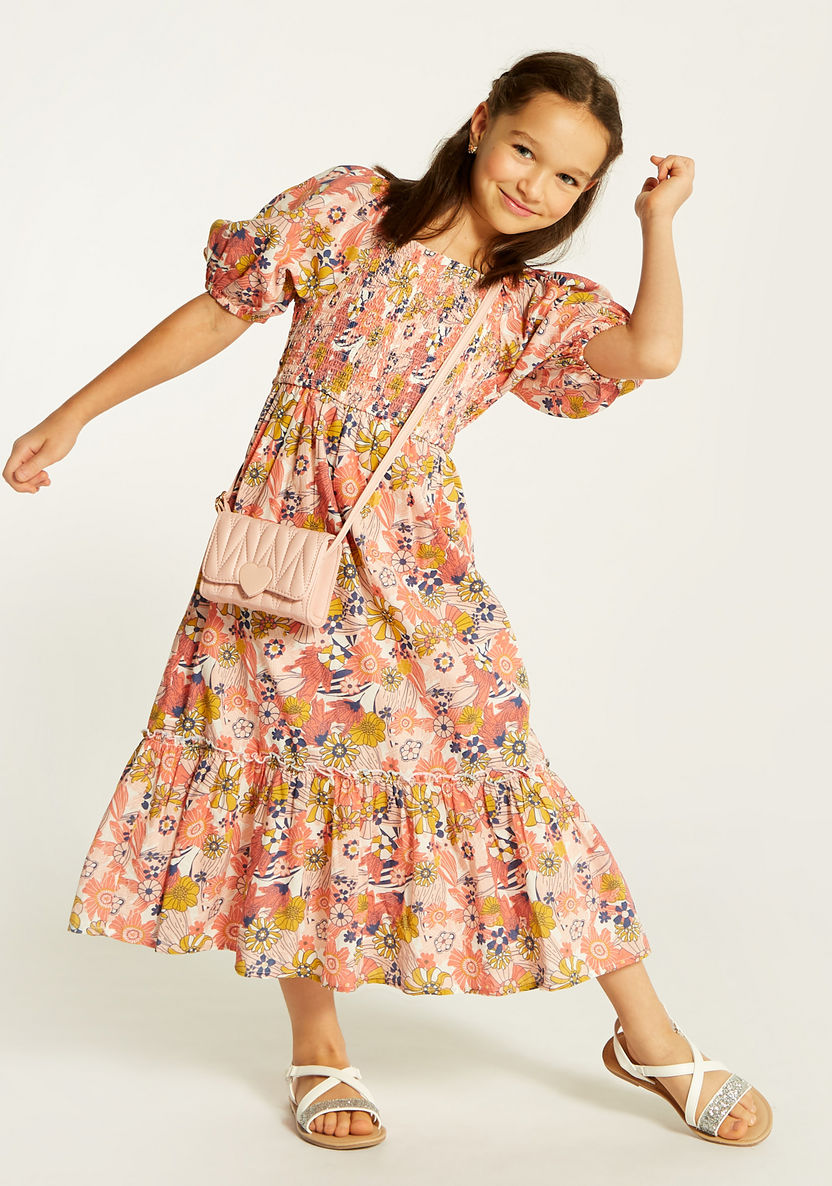 Juniors Floral Print Maxi Dress with Shirred Detail and Puff Sleeves-Dresses, Gowns & Frocks-image-0