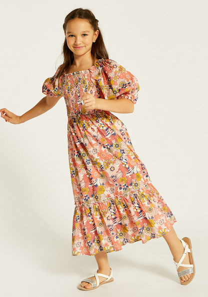 Juniors Floral Print Maxi Dress with Shirred Detail and Puff Sleeves-Dresses%2C Gowns and Frocks-image-1