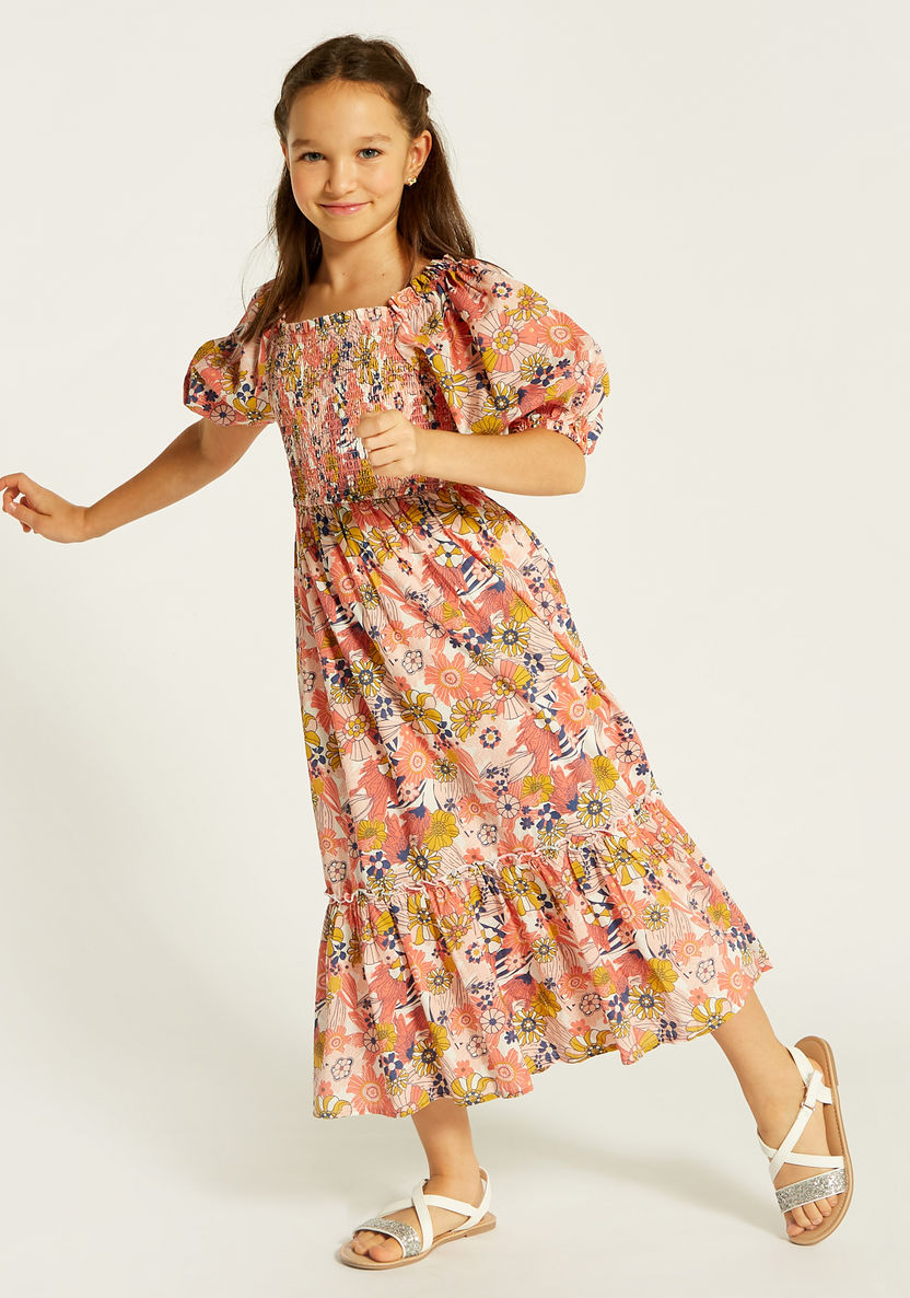 Juniors Floral Print Maxi Dress with Shirred Detail and Puff Sleeves-Dresses, Gowns & Frocks-image-1