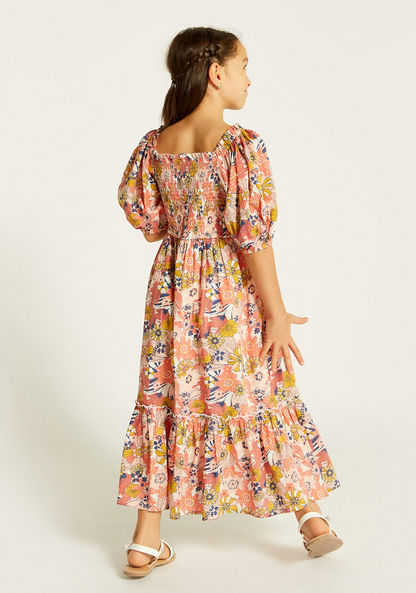 Juniors Floral Print Maxi Dress with Shirred Detail and Puff Sleeves-Dresses%2C Gowns and Frocks-image-3