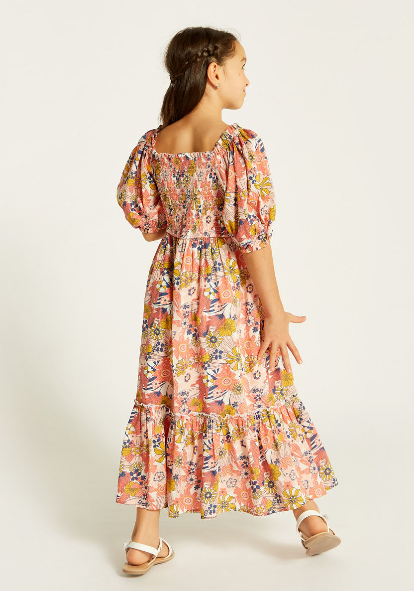 Juniors Floral Print Maxi Dress with Shirred Detail and Puff Sleeves-Dresses, Gowns & Frocks-image-3