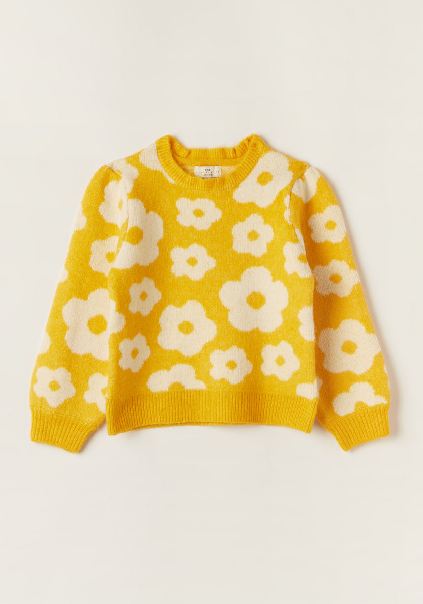 Juniors Floral Textured Pullover with Crew Neck and Long Sleeves-Sweaters and Cardigans-image-0