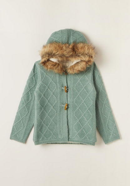 Juniors Long Sleeves Cardigan with Faux Fur Lined Hood and Button Closure-Sweaters and Cardigans-image-0