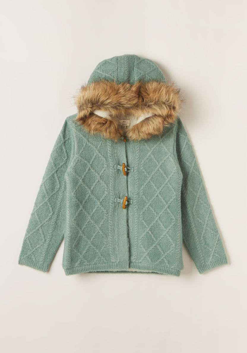 Juniors Long Sleeves Cardigan with Faux Fur Lined Hood and Button Closure-Sweaters and Cardigans-image-0