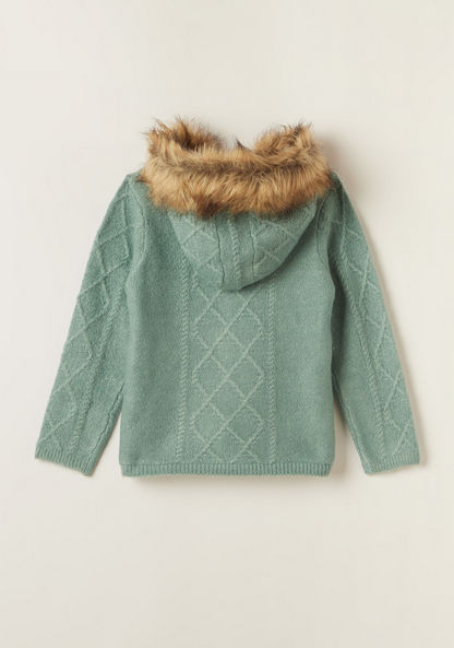 Juniors Long Sleeves Cardigan with Faux Fur Lined Hood and Button Closure-Sweaters and Cardigans-image-3