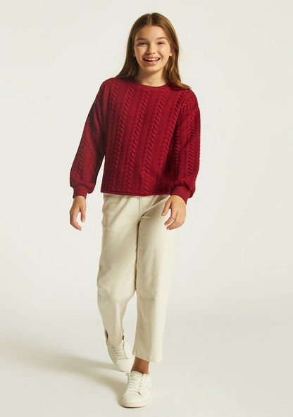 Juniors Textured Round Neck Sweater with Long Sleeves