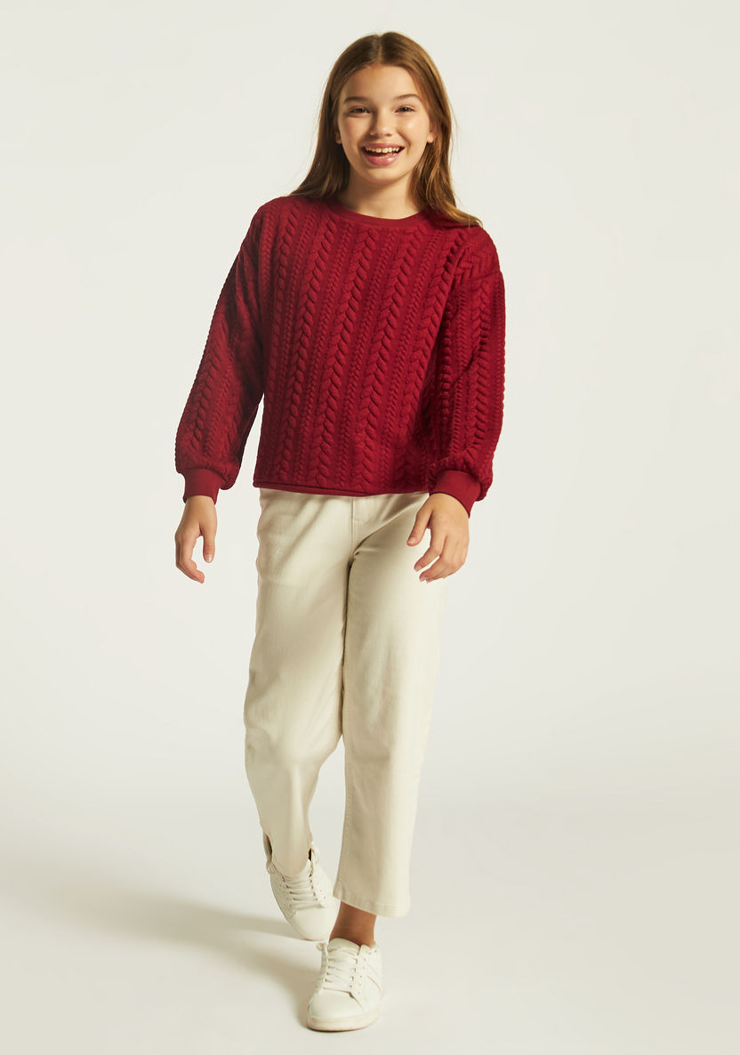 Juniors Textured Round Neck Sweater with Long Sleeves-Sweaters and Cardigans-image-1