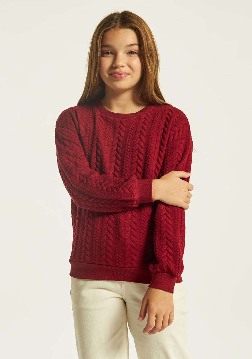 Juniors Textured Round Neck Sweater with Long Sleeves-Sweaters and Cardigans-image-2