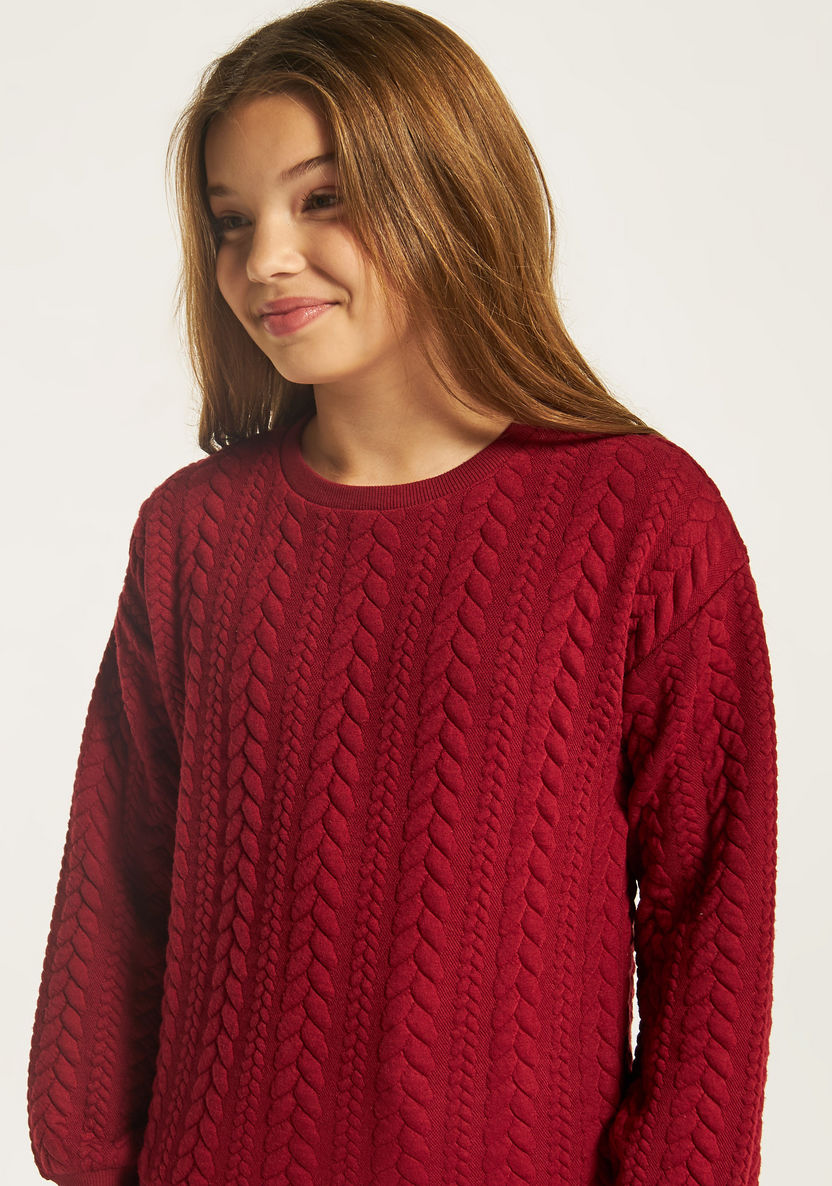 Juniors Textured Round Neck Sweater with Long Sleeves-Sweaters and Cardigans-image-3