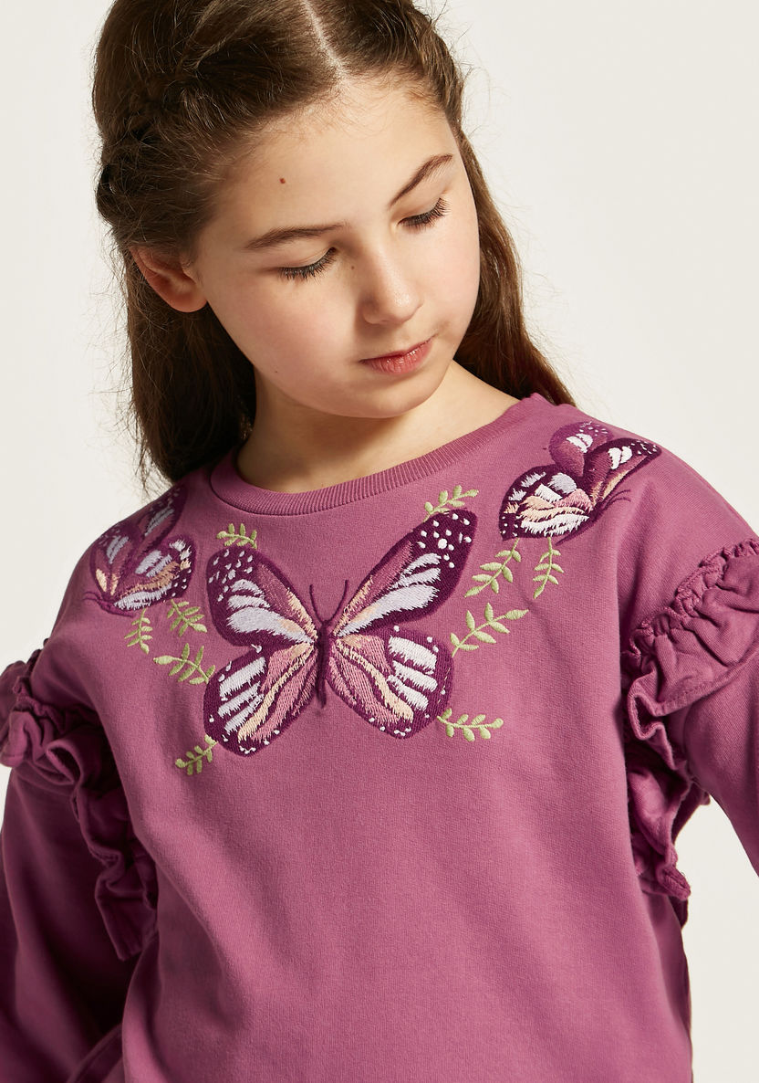 Juniors Butterfly Embroidered Sweatshirt with Long Sleeves-Sweatshirts-image-3