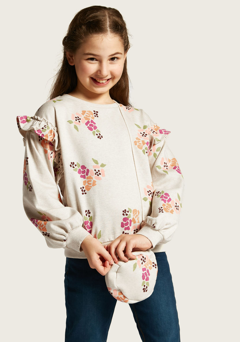 Juniors Floral Print Sweatshirt with Ruffles and Long Sleeves-Sweatshirts-image-0