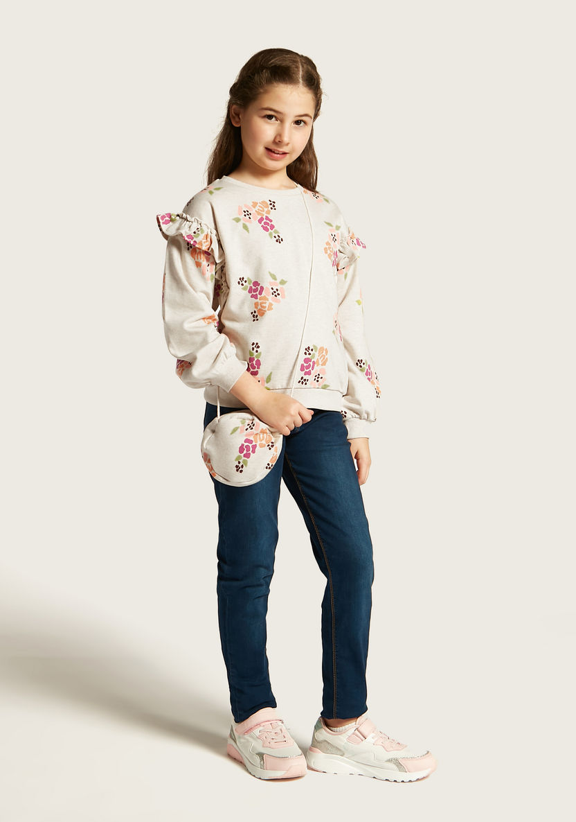 Juniors Floral Print Sweatshirt with Ruffles and Long Sleeves-Sweatshirts-image-1