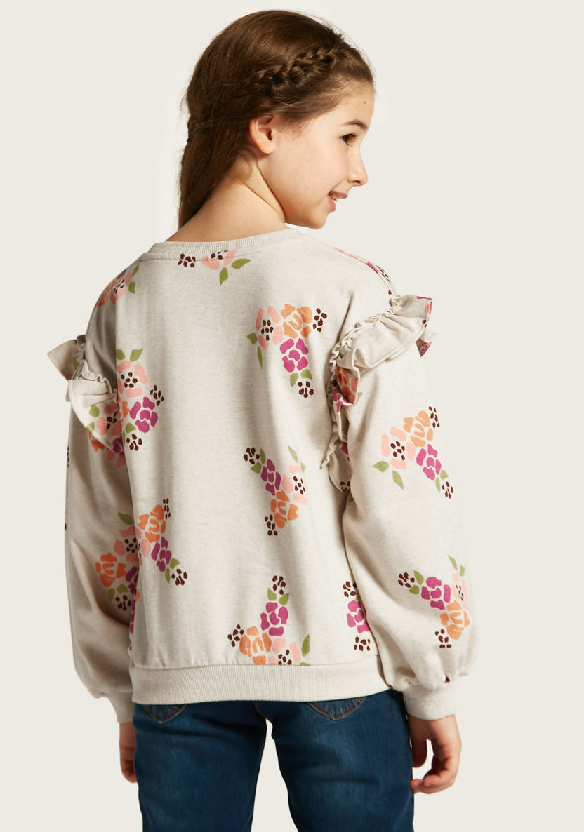 Juniors Floral Print Sweatshirt with Ruffles and Long Sleeves-Sweatshirts-image-3
