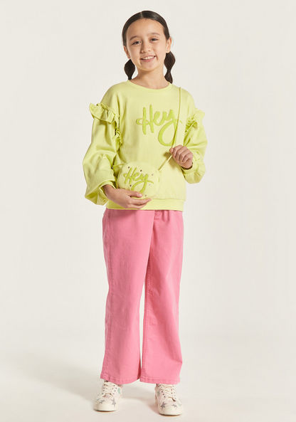 Juniors Typography Textured Sweatshirt with Long Sleeves and Ruffles-Sweatshirts-image-0