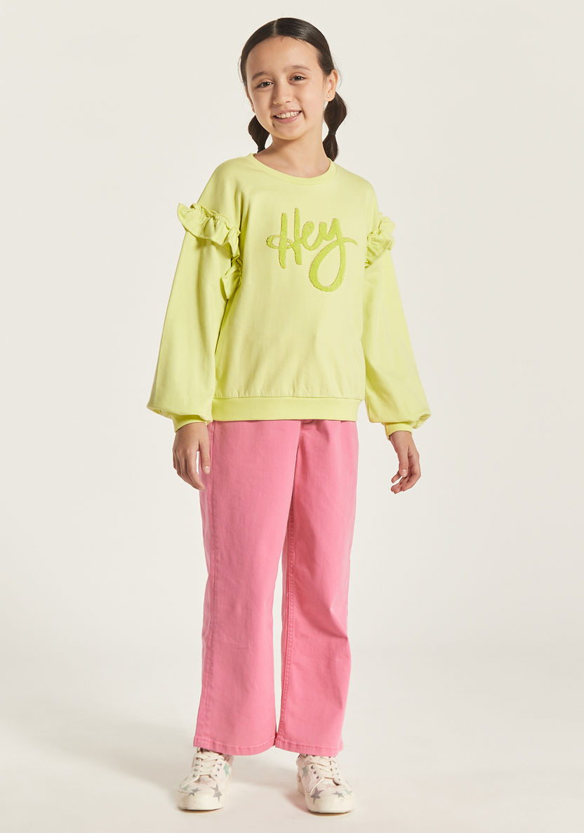 Juniors Typography Textured Sweatshirt with Long Sleeves and Ruffles-Sweatshirts-image-1