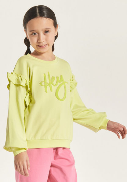 Juniors Typography Textured Sweatshirt with Long Sleeves and Ruffles-Sweatshirts-image-2