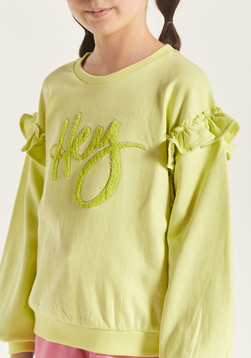 Juniors Typography Textured Sweatshirt with Long Sleeves and Ruffles-Sweatshirts-image-3