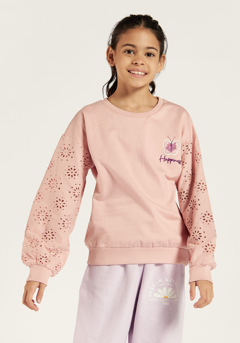 Juniors Embroidered Sweatshirt with Round Neck and Long Sleeves-Sweaters and Cardigans-image-1