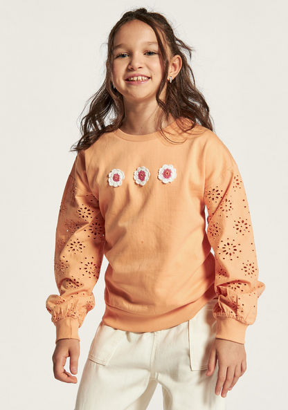 Juniors Schiffli Detail Pullover with Floral Accents and Long Sleeves-Sweatshirts-image-1