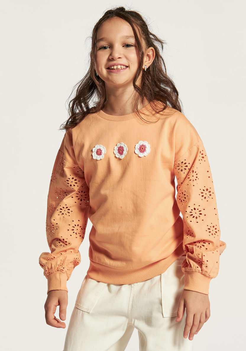 Juniors Schiffli Detail Pullover with Floral Accents and Long Sleeves-Sweatshirts-image-1