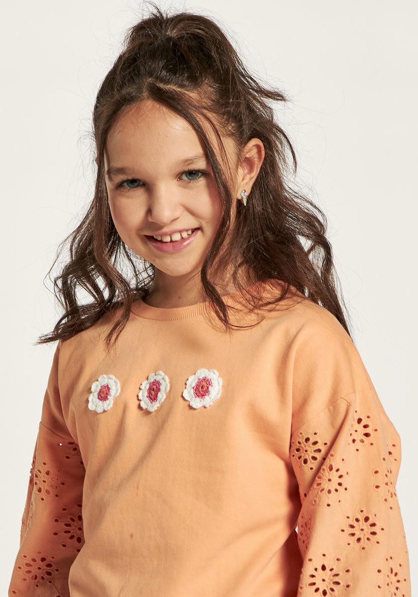 Juniors Schiffli Detail Pullover with Floral Accents and Long Sleeves-Sweatshirts-image-2