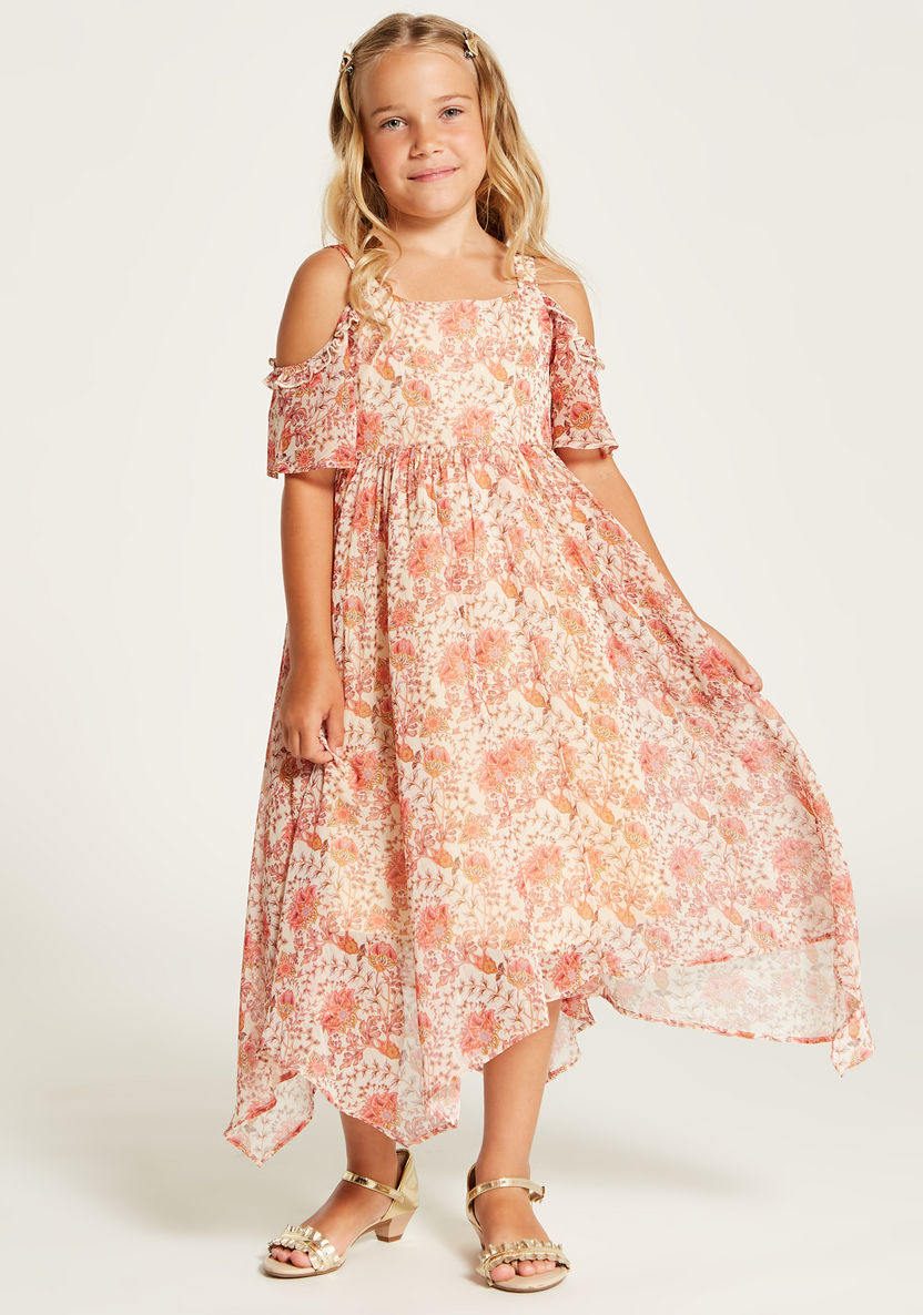 Juniors Floral Print Cold Shoulder Dress-Dresses%2C Gowns and Frocks-image-0