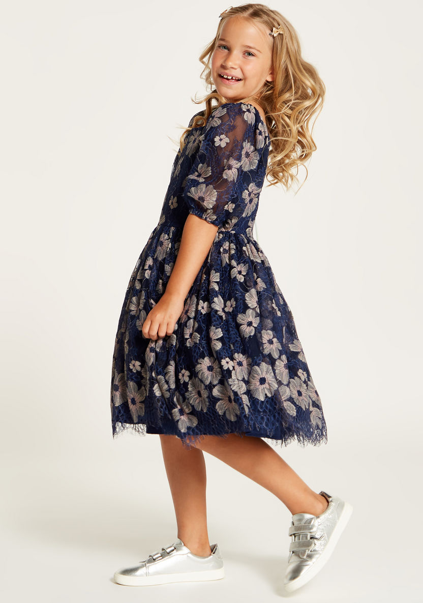 Juniors Embroidered A-line Dress with Short Sleeves and Zip Closure-Dresses%2C Gowns and Frocks-image-0