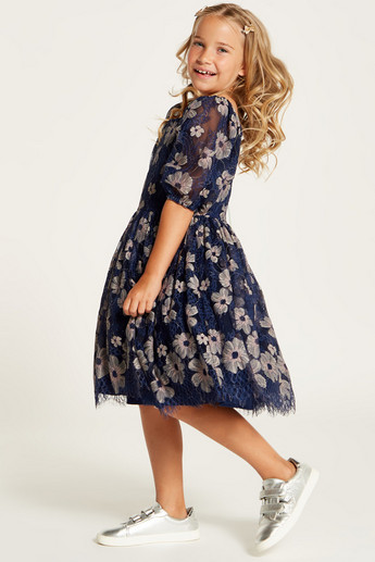 Juniors Embroidered A-line Dress with Short Sleeves and Zip Closure