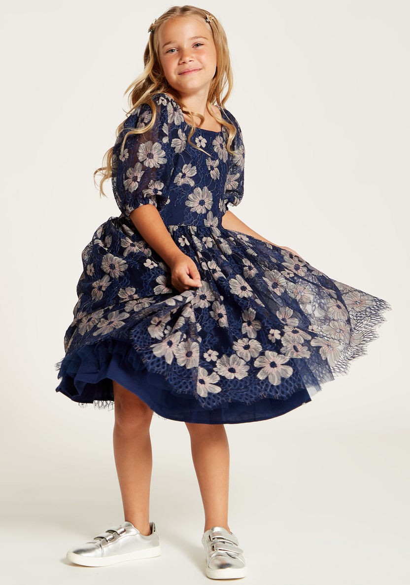 Juniors Embroidered A-line Dress with Short Sleeves and Zip Closure-Dresses%2C Gowns and Frocks-image-1
