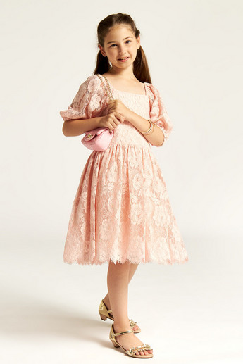 Juniors Lace Textured A-line Dress with Short Sleeves and Zip Closure