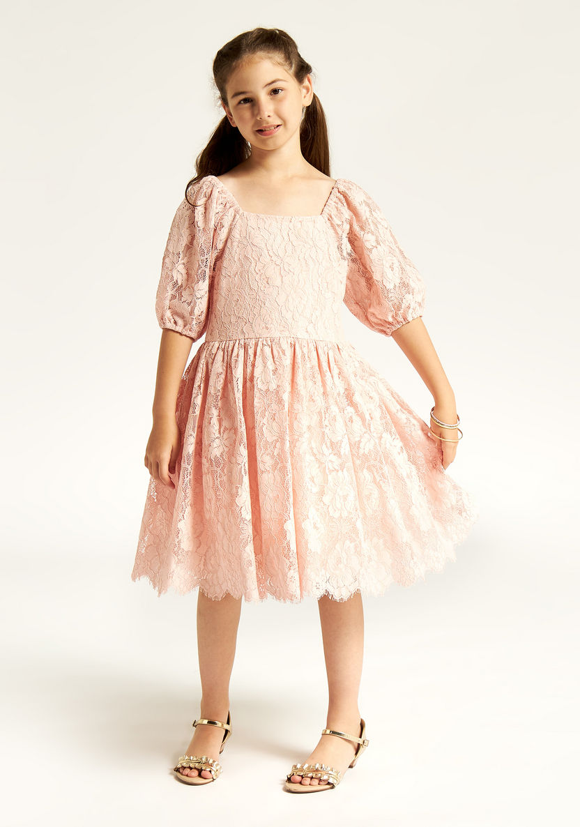 Juniors Lace Textured A-line Dress with Short Sleeves and Zip Closure-Dresses%2C Gowns and Frocks-image-1
