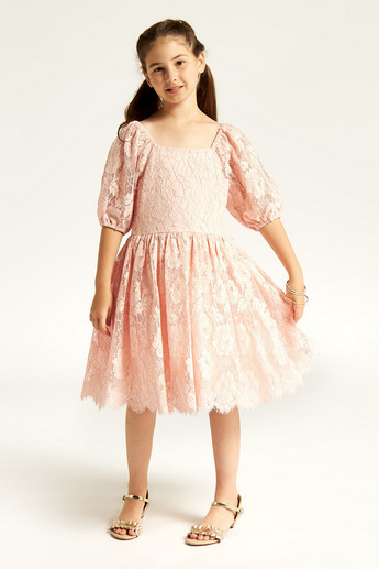 Juniors Lace Textured A-line Dress with Short Sleeves and Zip Closure