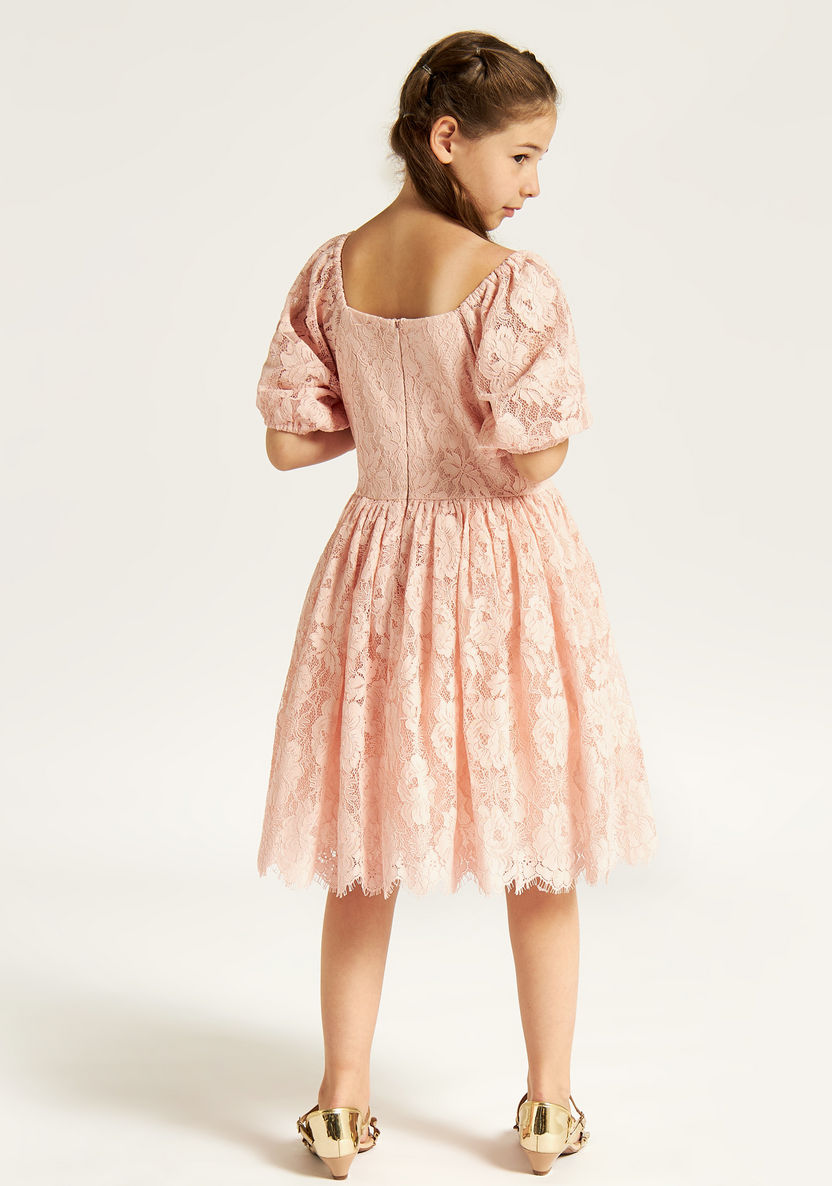 Juniors Lace Textured A-line Dress with Short Sleeves and Zip Closure-Dresses%2C Gowns and Frocks-image-3