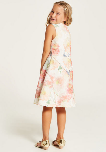 Juniors Floral Print Sleeveless Dress with Round Neck