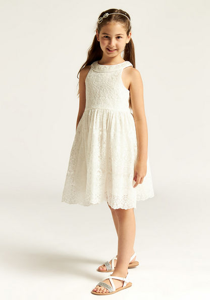 Juniors Lace Textured Sleeveless A-line Dress with Halter Neck-Dresses%2C Gowns and Frocks-image-0