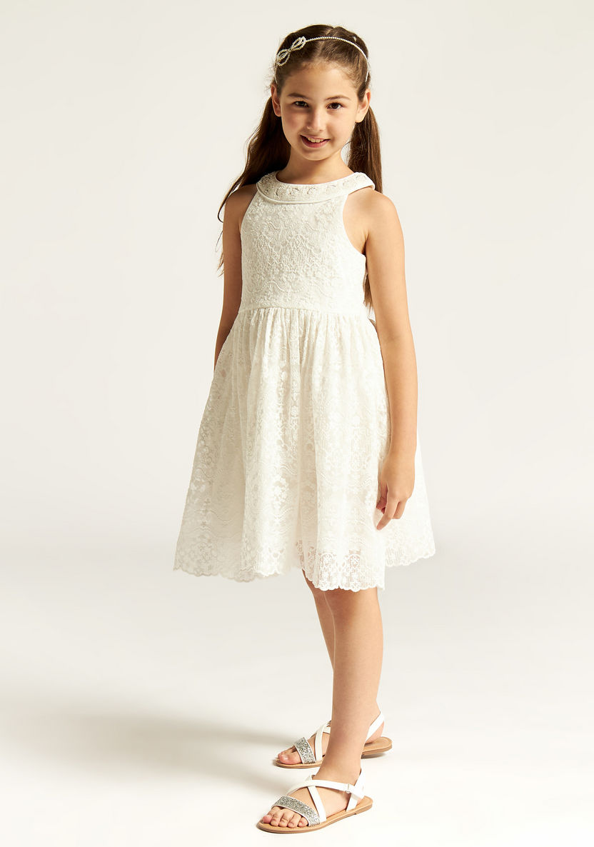 Juniors Lace Textured Sleeveless A-line Dress with Halter Neck-Dresses, Gowns & Frocks-image-0