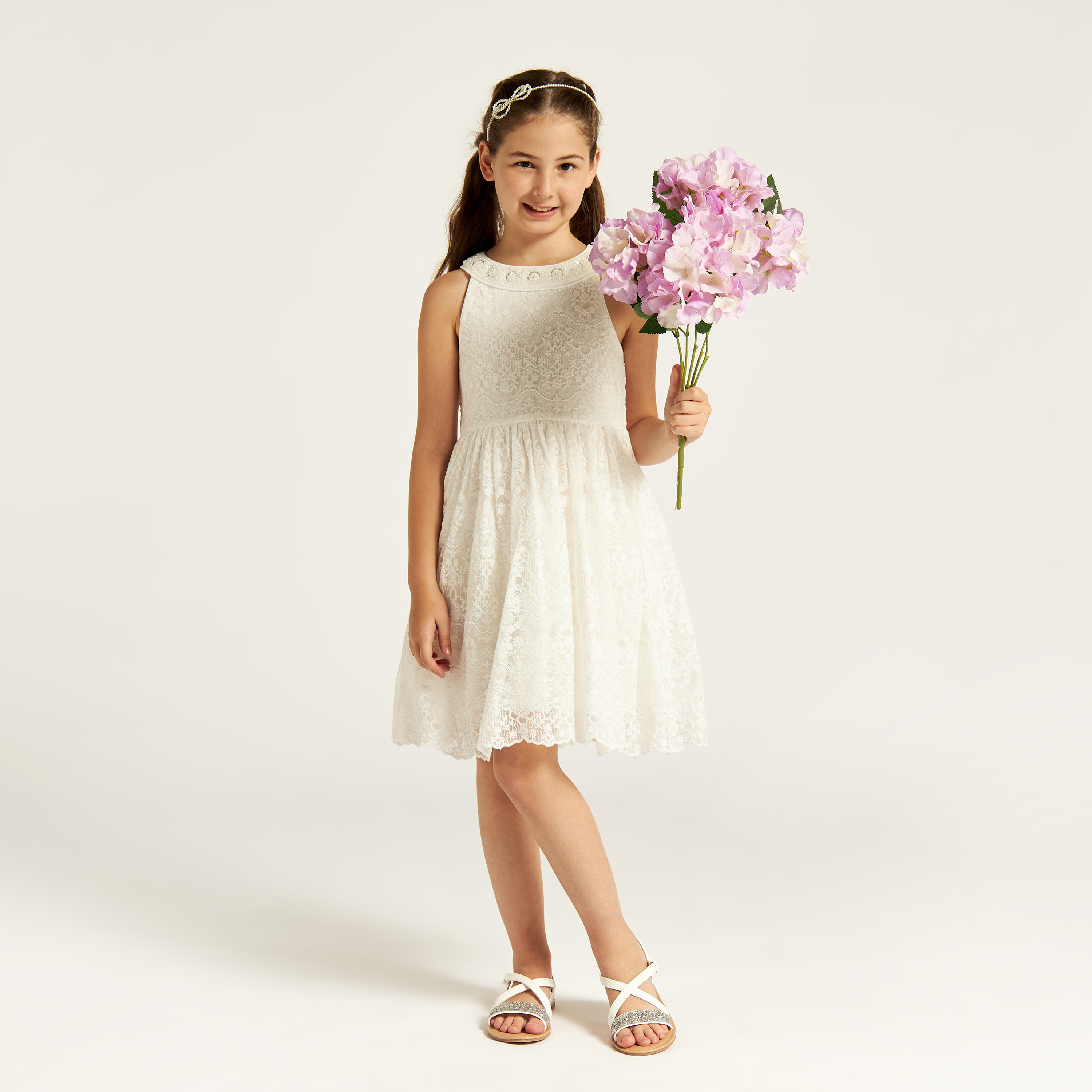 Juniors Lace Textured Sleeveless A-line Dress with Halter Neck-girls-clothing-dressesandjumpsuits-image-2